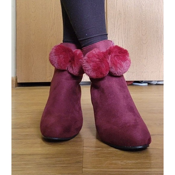 HIGH HEEL ANKLE BOOT BOOTIE RED POM POMS WOMENS SIZE 8 - Picture 4 of 6